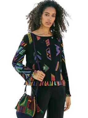 Peruvian Connection 'Carnivale' Pullover Sweater, Black Multi, XL